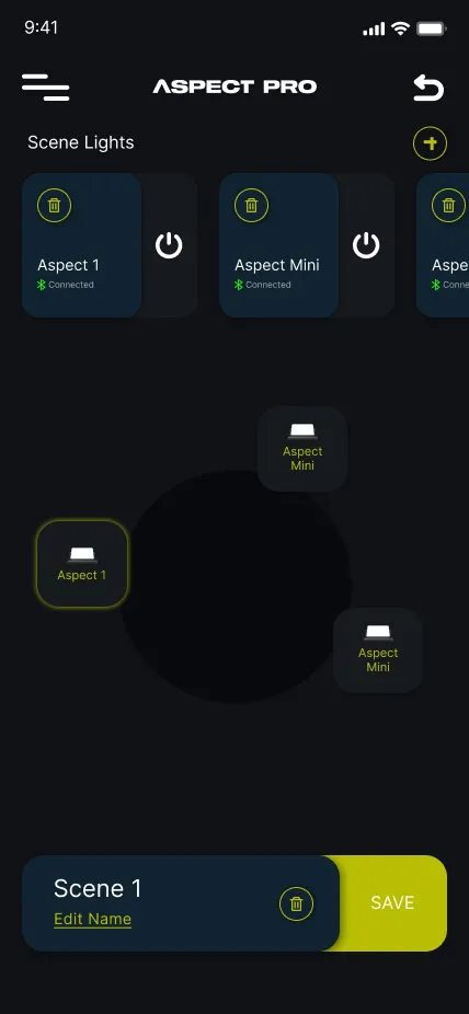 scene editor with two connected Aspect lights arranged around a scene