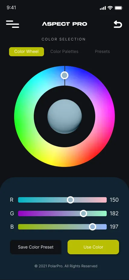 color selection screen with a color wheel and RGB sliders