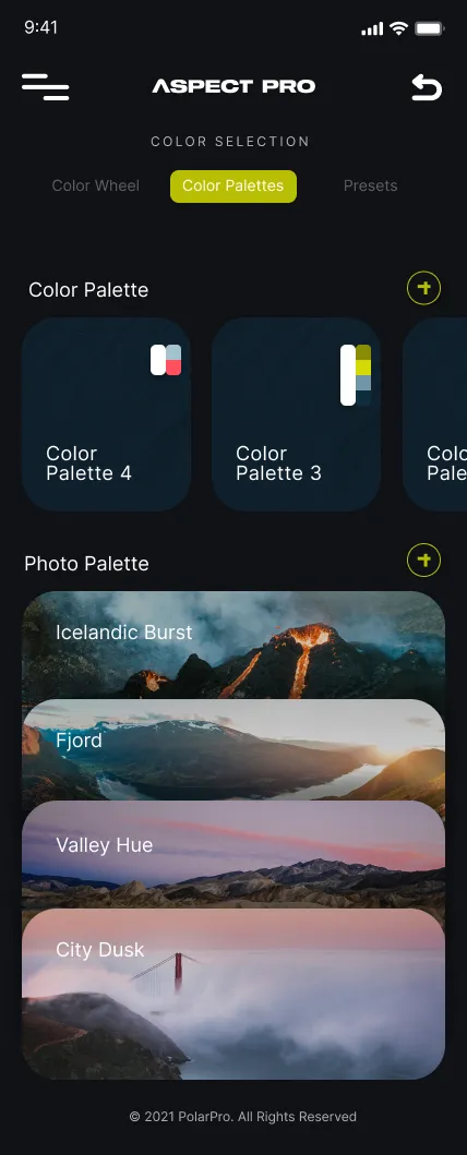 color palettes screen listing saved color palettes and photo palettes