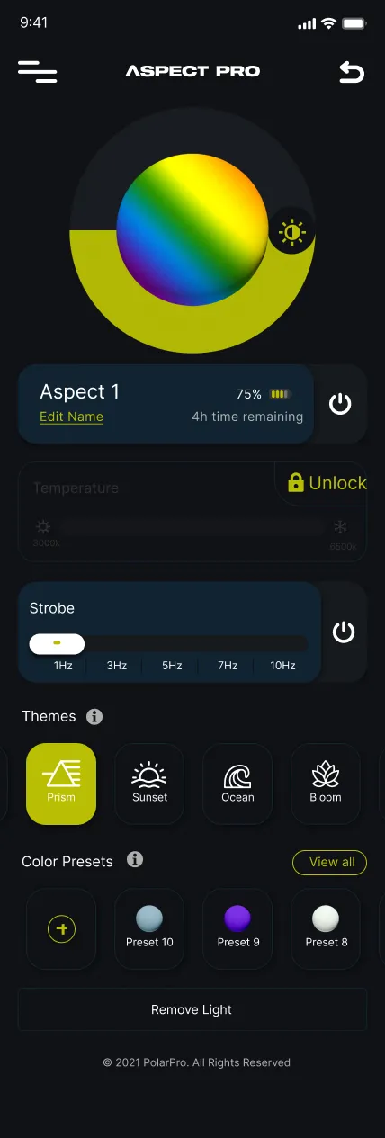 light control screen with color sphere, strobe control, themes, and color presets