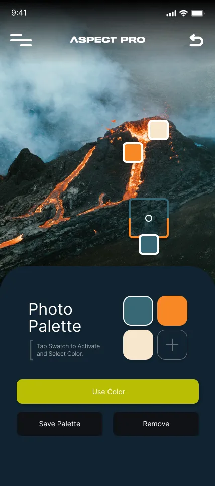 photo palette screen extracting color swatches from a volcano photo