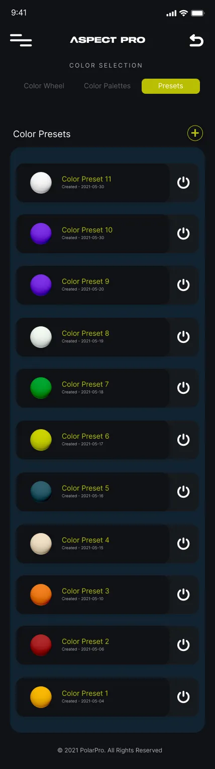 presets screen listing saved color presets with power toggles