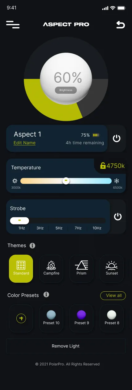 light control screen with white light, temperature slider, and theme picker