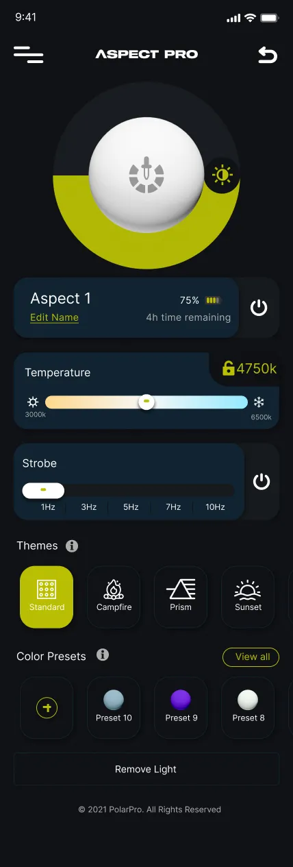 light control screen showing brightness dial at 60% with temperature and strobe controls