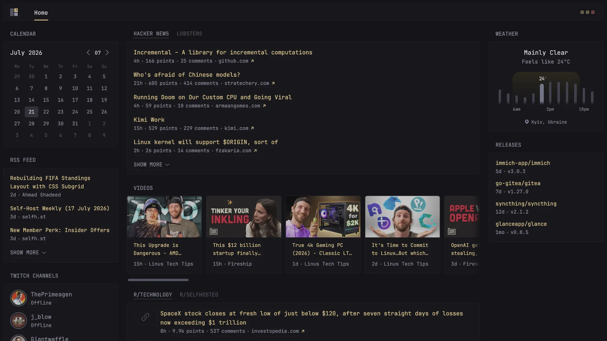 Glance dashboard showing columns of feeds, videos, and widgets