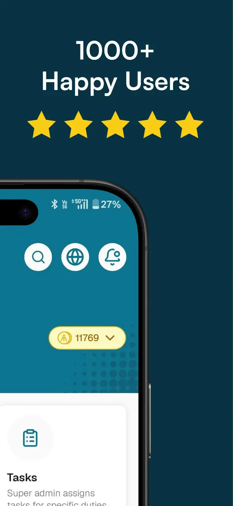 Home screen with search and notifications — “1000+ Happy Users”