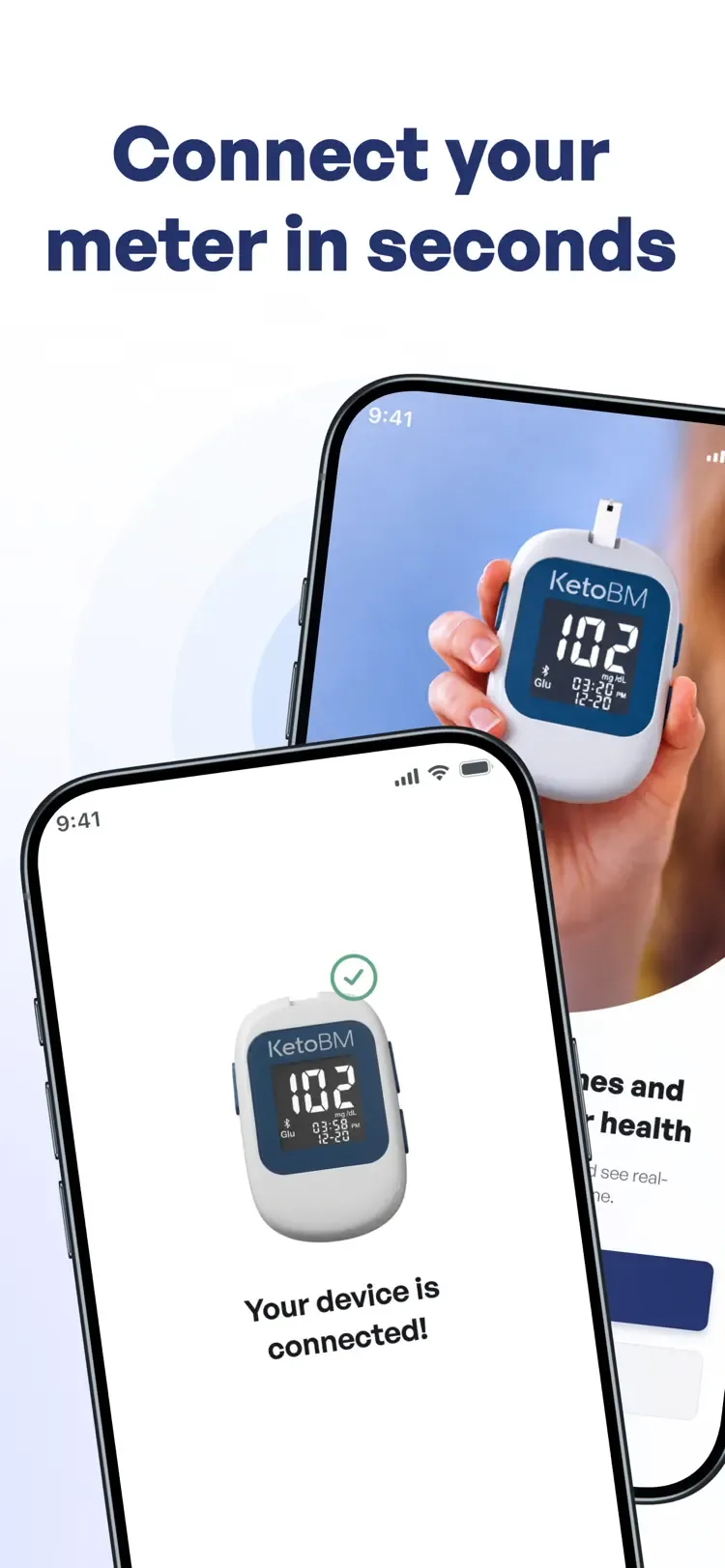 Bluetooth pairing flow connecting to the KetoBM meter — "Connect your meter in seconds"