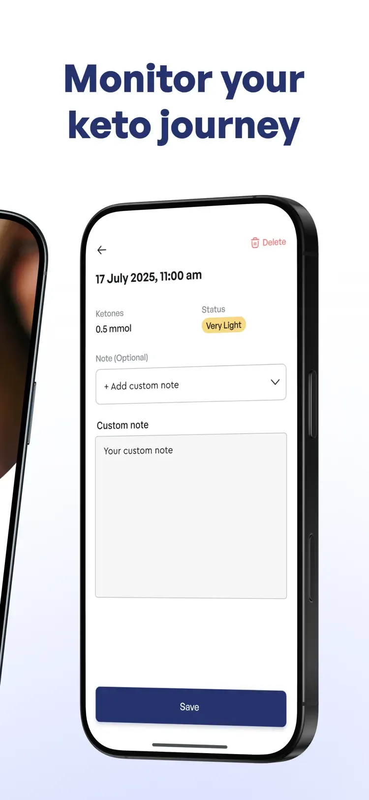 Reading detail screen with custom note field — "Monitor your keto journey"