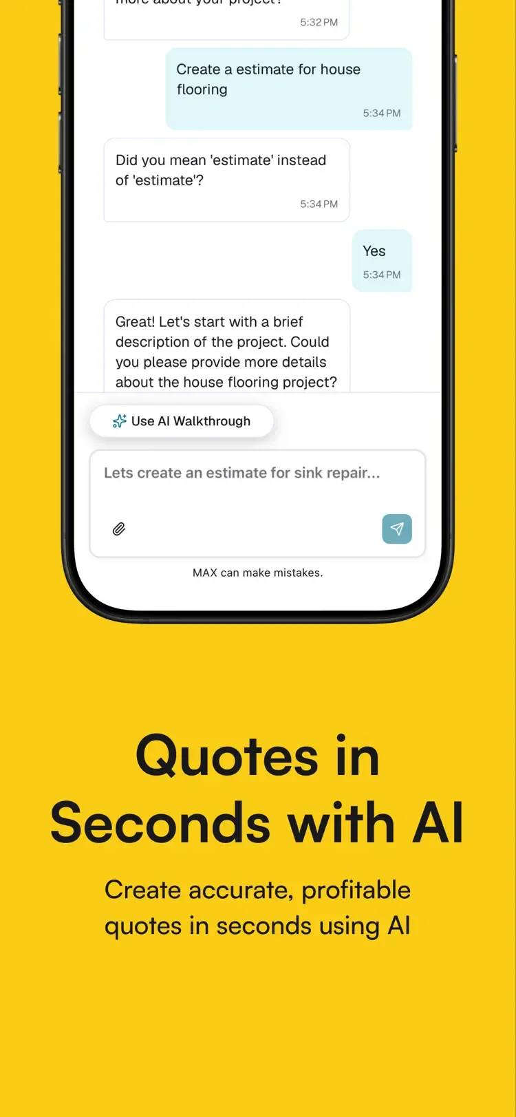 AI assistant chat drafting a job estimate — “Quotes in Seconds with AI”