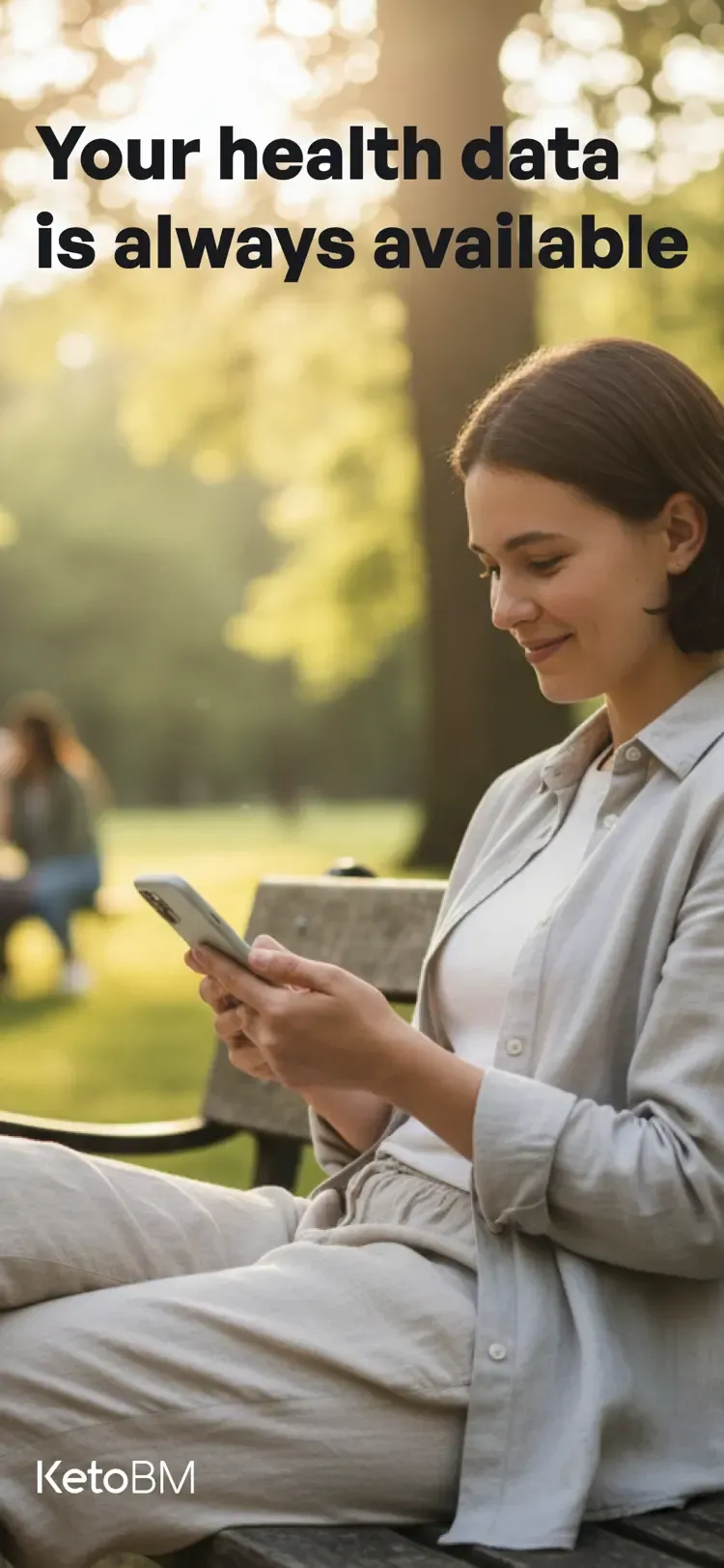 Lifestyle shot of a user checking the app outdoors — "Your health data is always available"